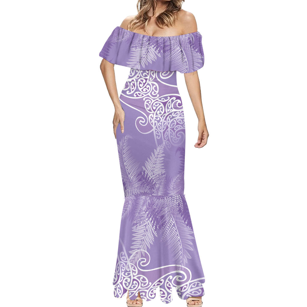 Aotearoa Maori Koru Curves Mermaid Dress Silver Ferns - Amethyst LT7 - Polynesian Pride