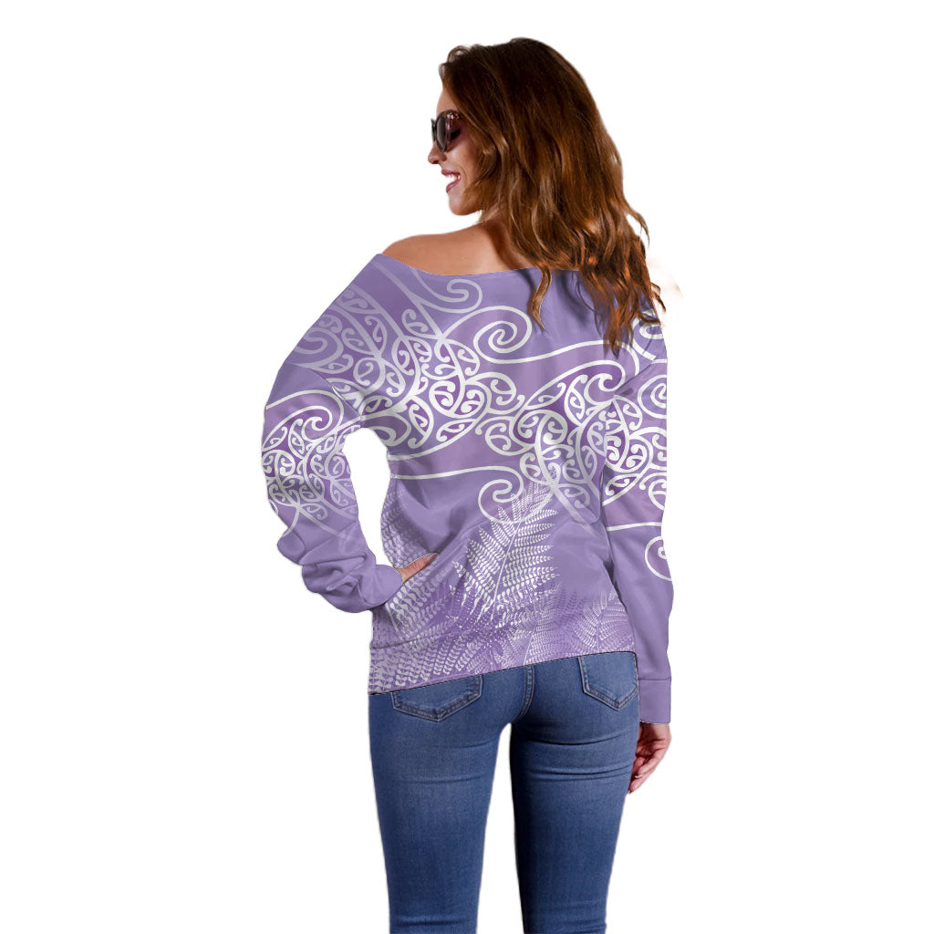 Aotearoa Maori Koru Curves Off Shoulder Sweater Silver Ferns - Amethyst