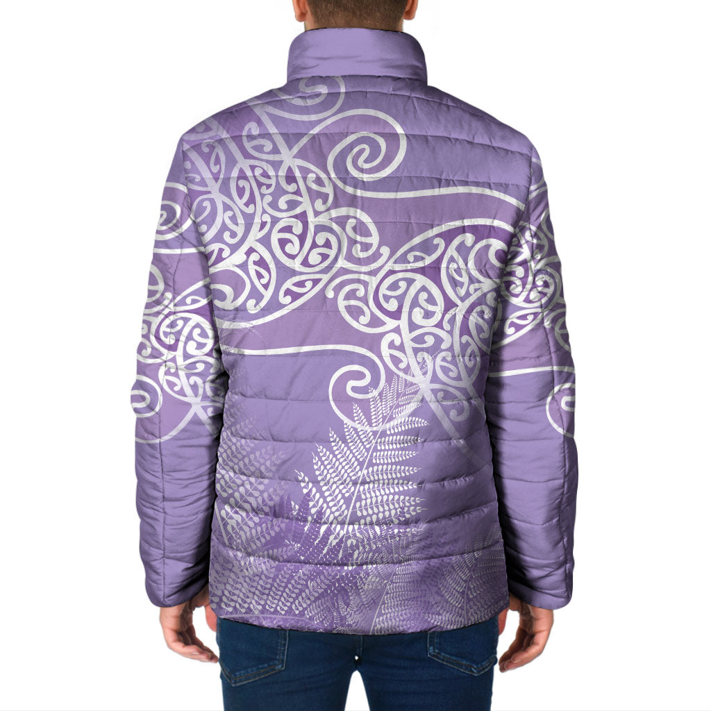Aotearoa Maori Koru Curves Padded Jacket Silver Ferns - Amethyst