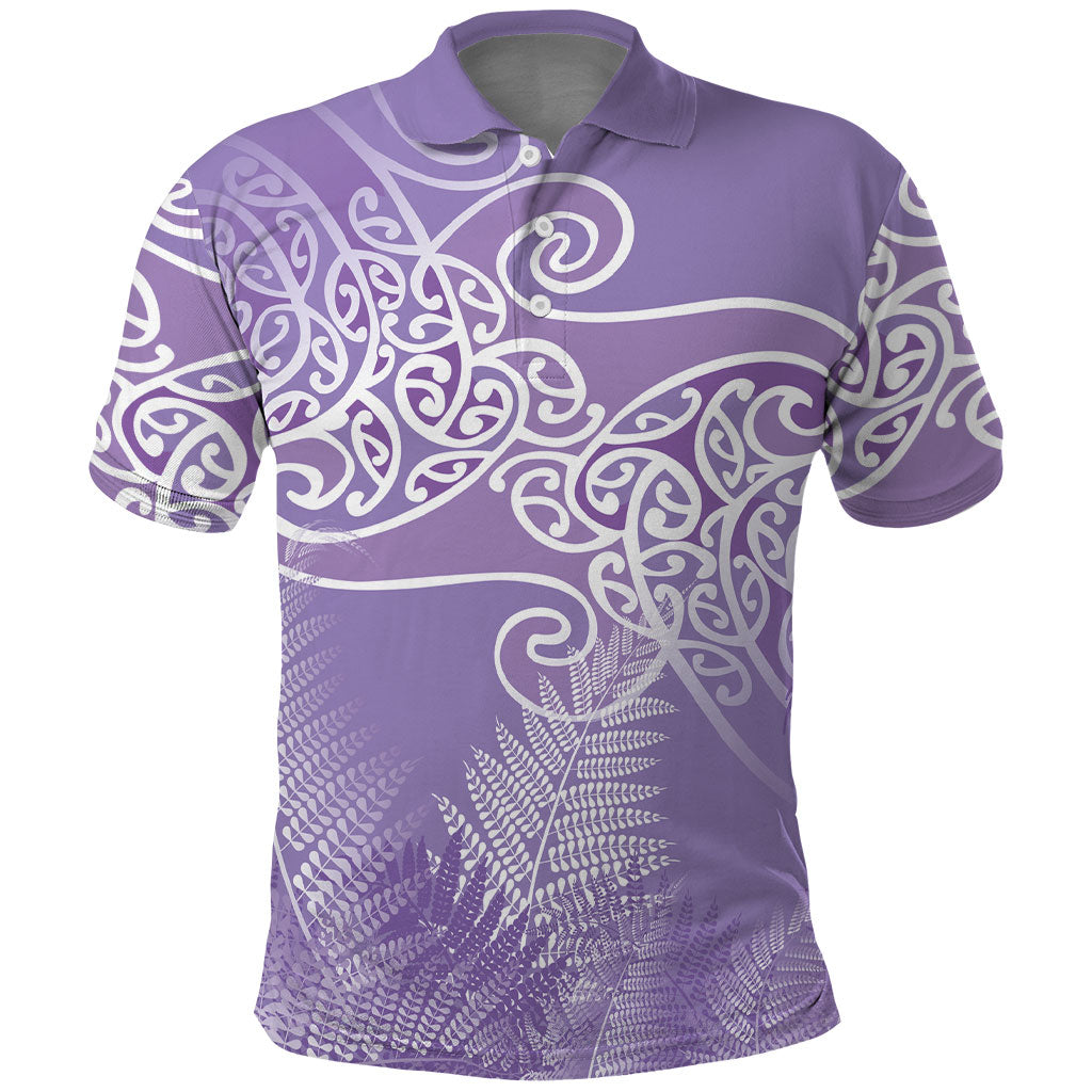 Aotearoa Maori Koru Curves Polo Shirt Silver Ferns - Amethyst
