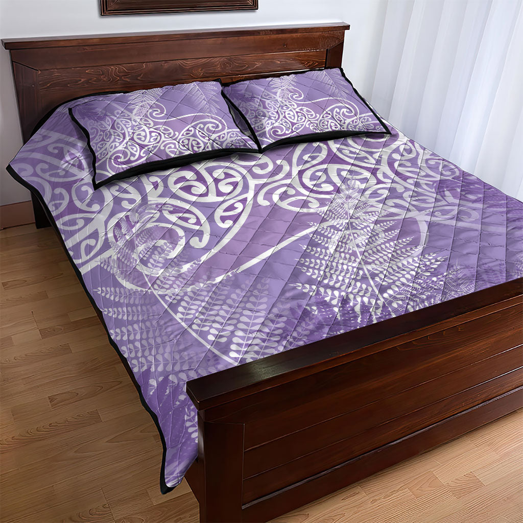 Aotearoa Maori Koru Curves Quilt Bed Set Silver Ferns - Amethyst