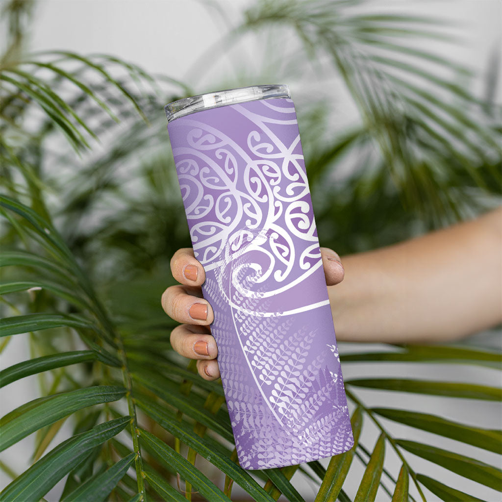 Aotearoa Maori Koru Curves Skinny Tumbler Silver Ferns - Amethyst