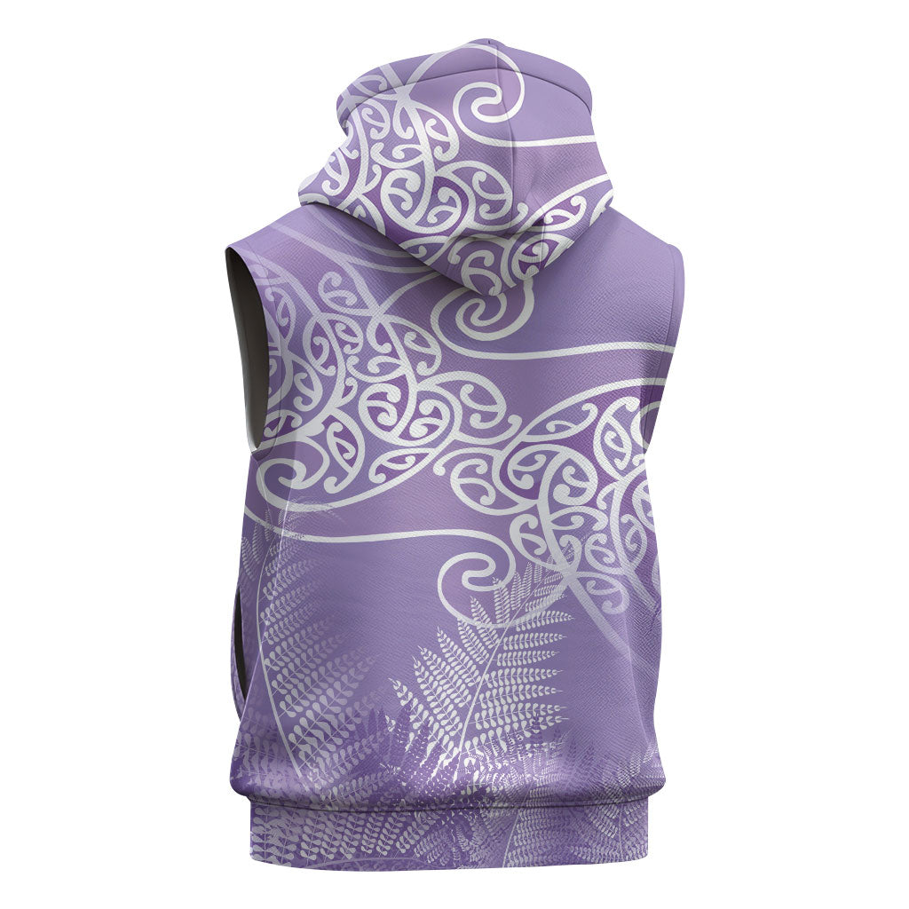 Aotearoa Maori Koru Curves Sleeveless Zip Hoodie Silver Ferns - Amethyst