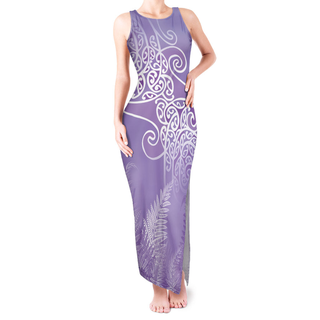 Aotearoa Maori Koru Curves Tank Maxi Dress Silver Ferns - Amethyst LT7 Women Purple - Polynesian Pride