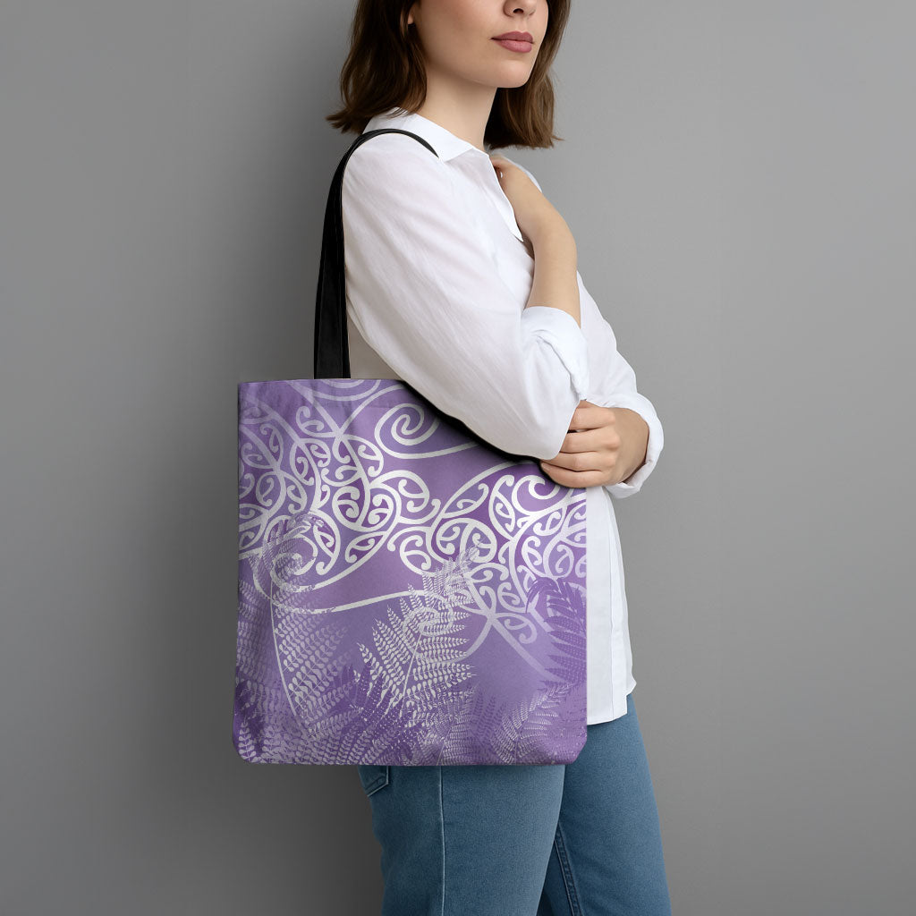 Aotearoa Maori Koru Curves Tote Bag Silver Ferns - Amethyst