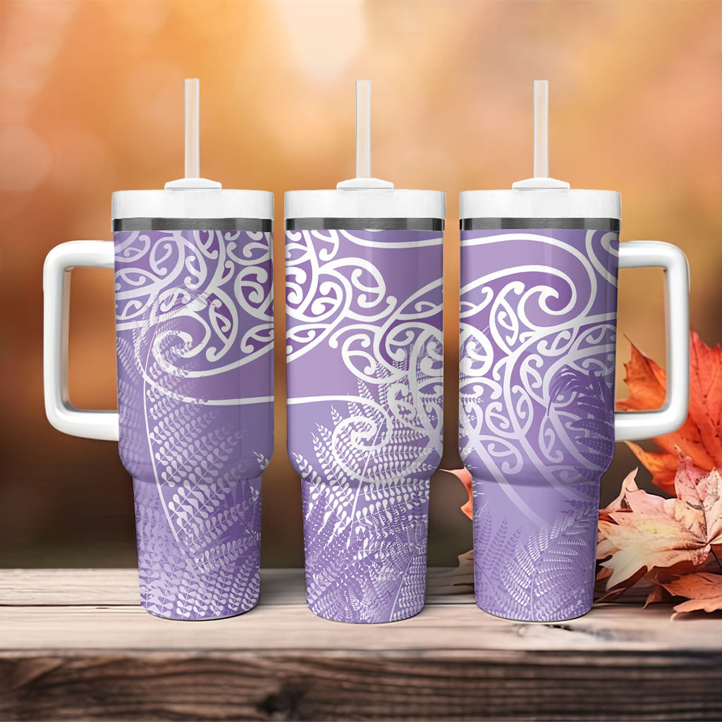 Aotearoa Maori Koru Curves Tumbler With Handle Silver Ferns - Amethyst