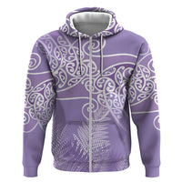 Aotearoa Maori Koru Curves Zip Hoodie Silver Ferns - Amethyst