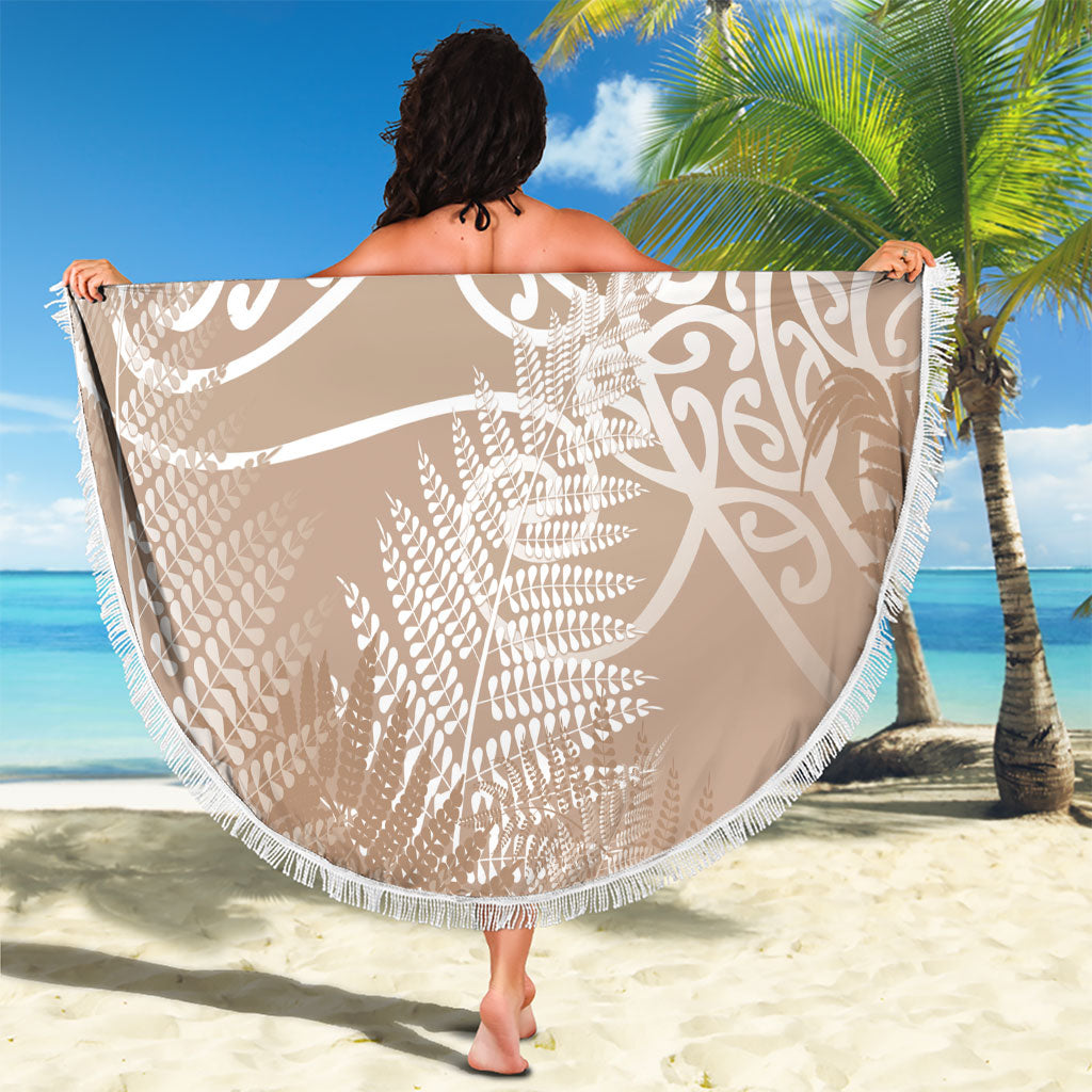 Aotearoa Maori Koru Curves Beach Blanket Silver Ferns - Mocha