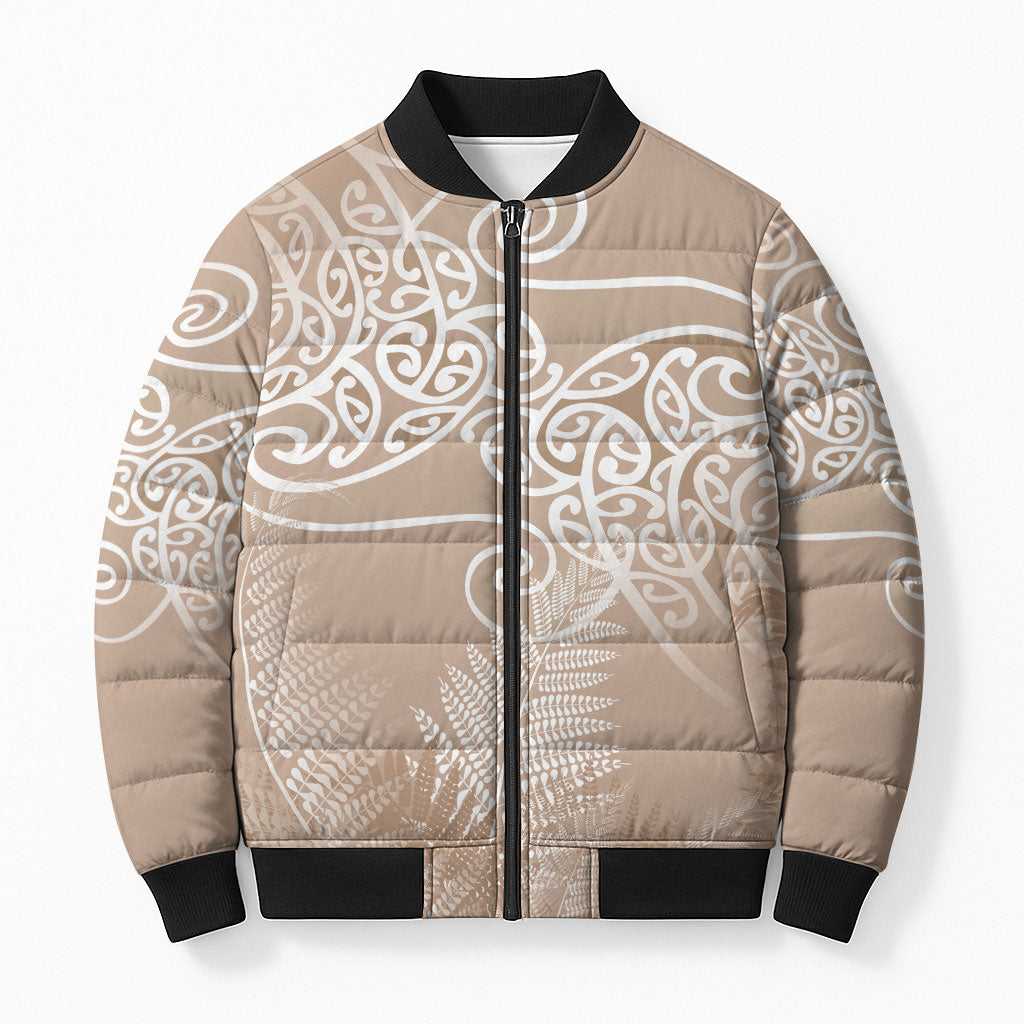 Aotearoa Maori Koru Curves Bomber Puffer Jacket Silver Ferns - Mocha