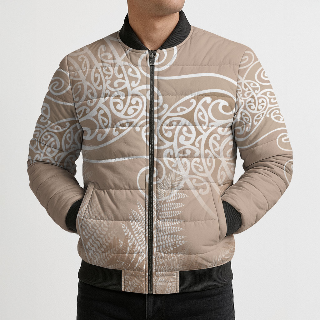 Aotearoa Maori Koru Curves Bomber Puffer Jacket Silver Ferns - Mocha