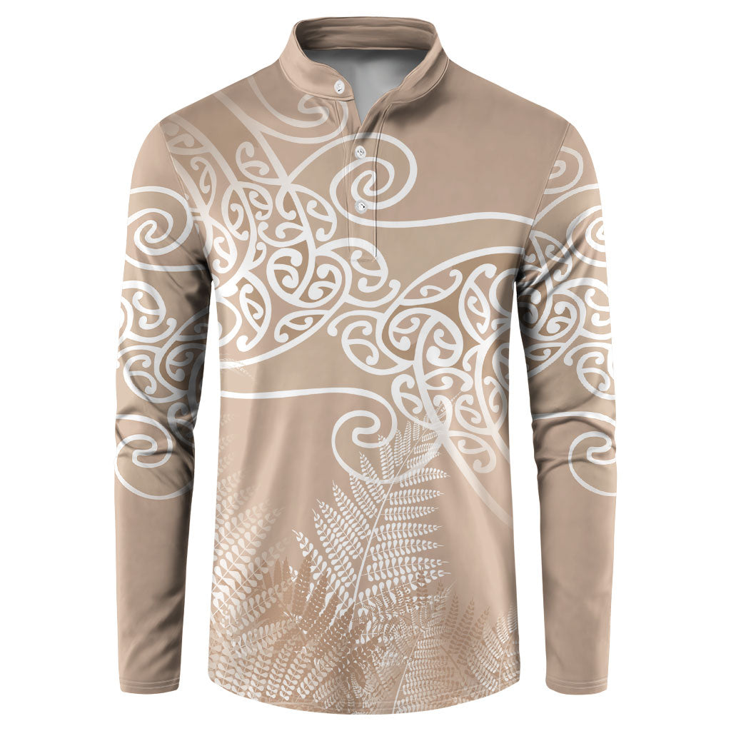 Aotearoa Maori Koru Curves Button Sweatshirt Silver Ferns - Mocha
