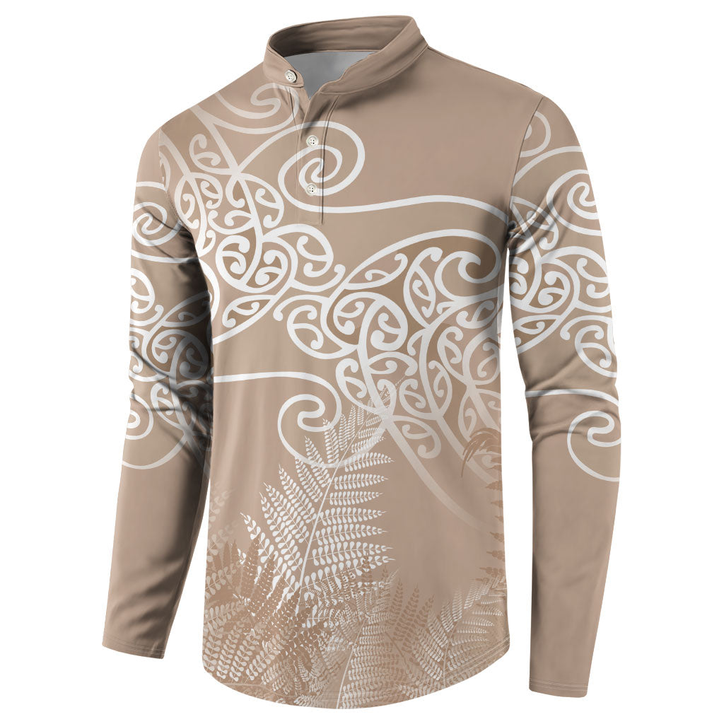 Aotearoa Maori Koru Curves Button Sweatshirt Silver Ferns - Mocha