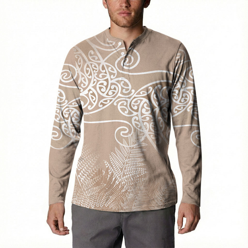 Aotearoa Maori Koru Curves Button Sweatshirt Silver Ferns - Mocha