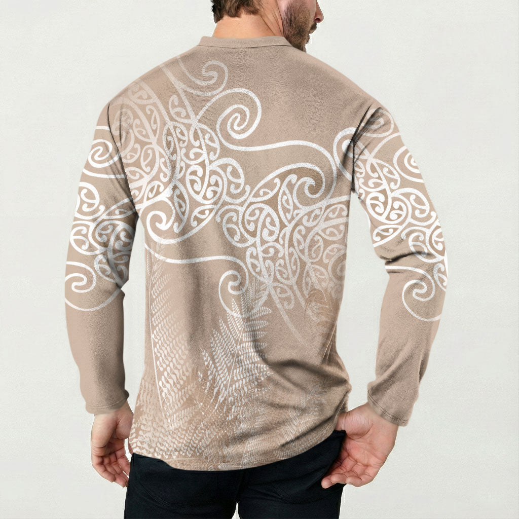 Aotearoa Maori Koru Curves Button Sweatshirt Silver Ferns - Mocha