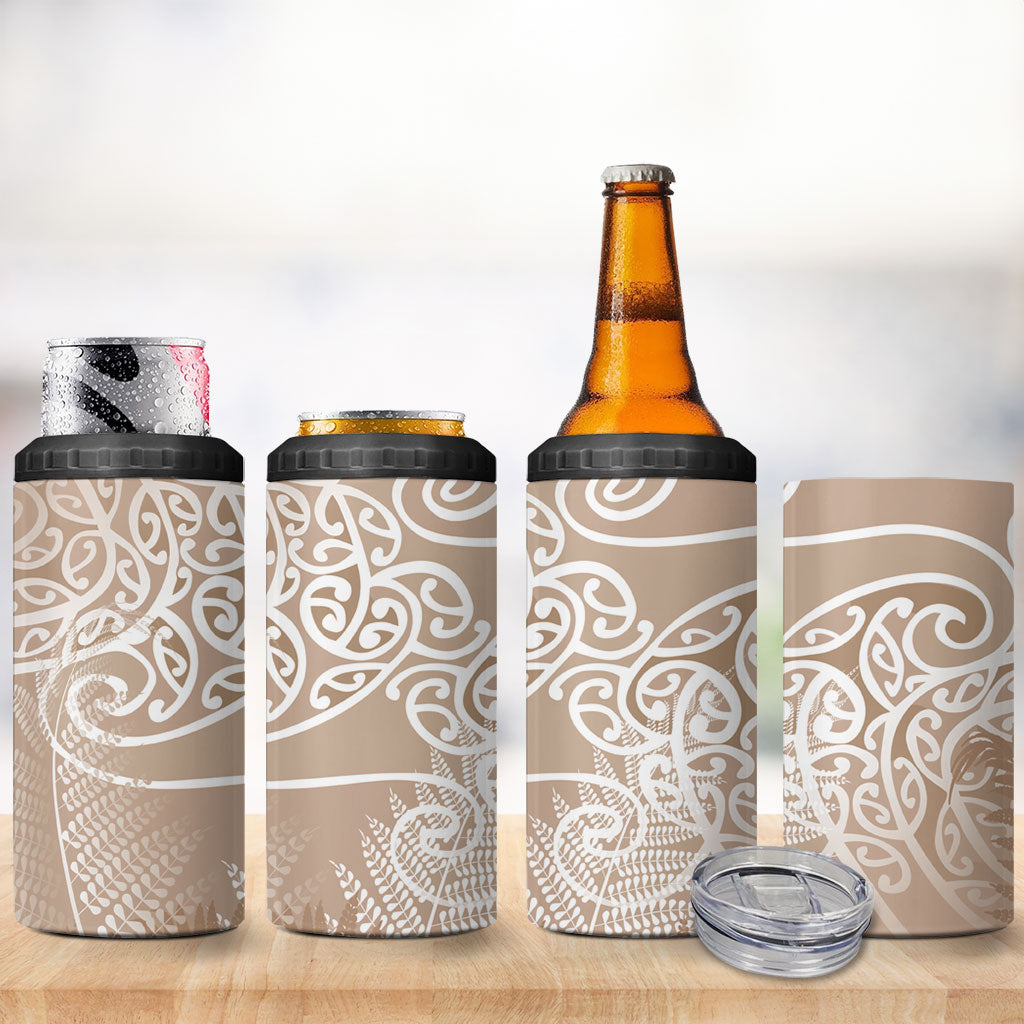 Aotearoa Maori Koru Curves 4 in 1 Can Cooler Tumbler Silver Ferns - Mocha