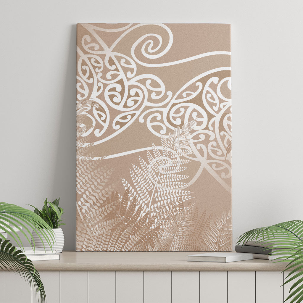 Aotearoa Maori Koru Curves Canvas Wall Art Silver Ferns - Mocha