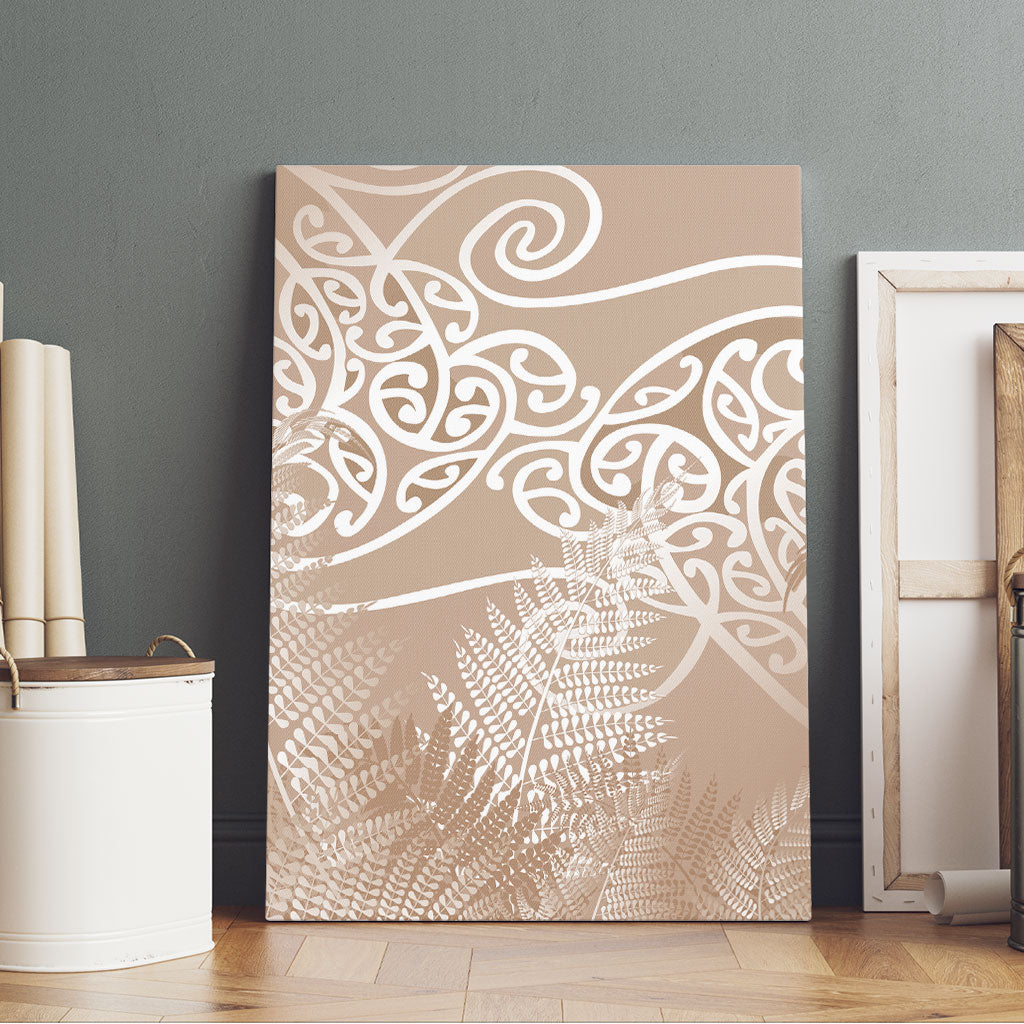 Aotearoa Maori Koru Curves Canvas Wall Art Silver Ferns - Mocha