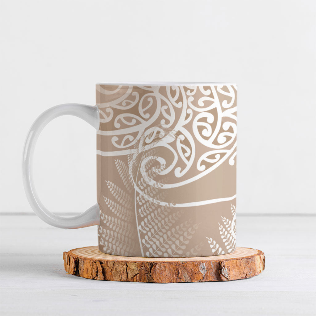 Aotearoa Maori Koru Curves Ceramic Mug Silver Ferns - Mocha