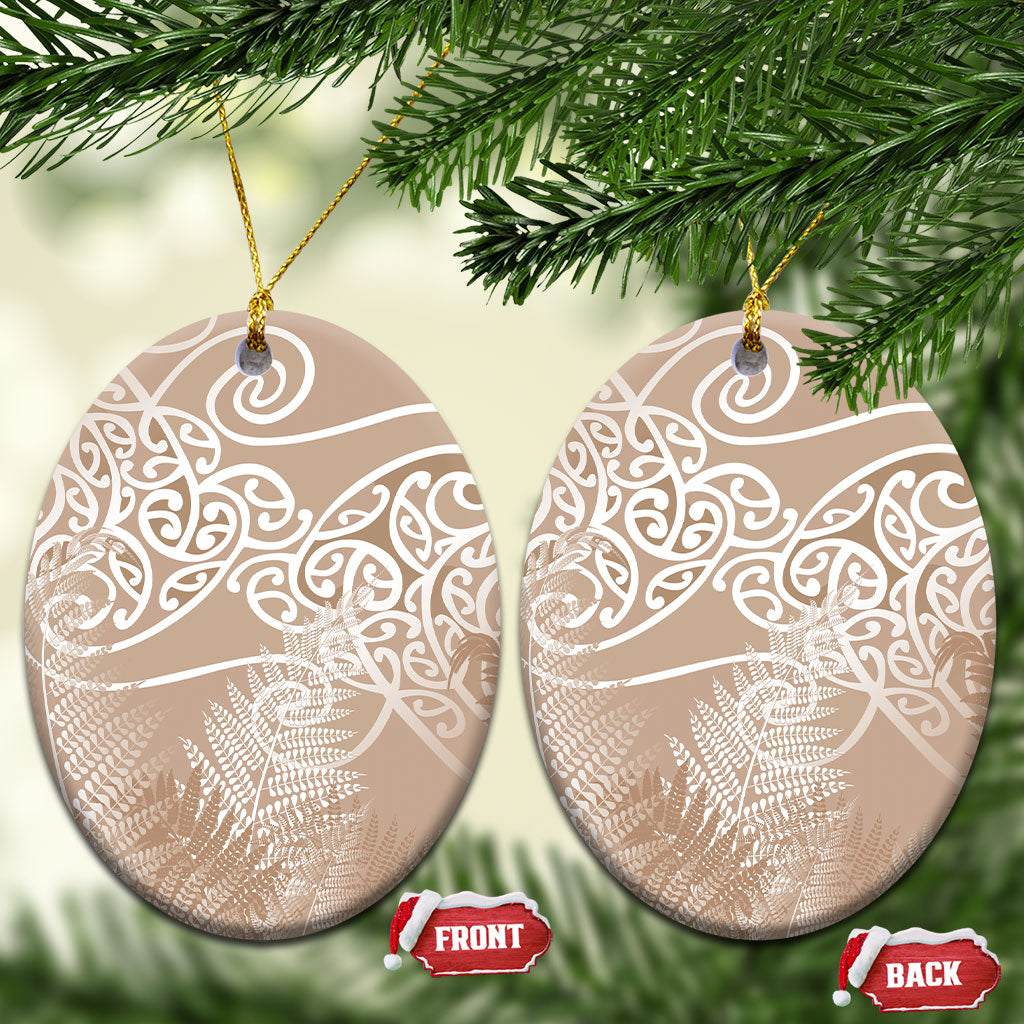 Aotearoa Maori Koru Curves Ceramic Ornament Silver Ferns - Mocha LT7 Oval Beige - Polynesian Pride