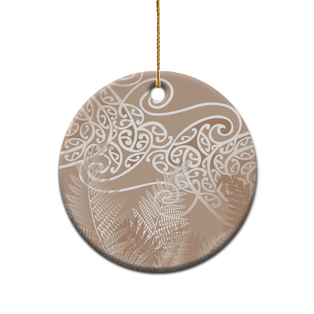 Aotearoa Maori Koru Curves Ceramic Ornament Silver Ferns - Mocha LT7 - Polynesian Pride