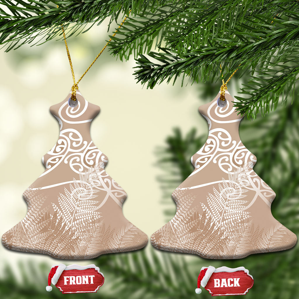 Aotearoa Maori Koru Curves Ceramic Ornament Silver Ferns - Mocha LT7 Christmas Tree Beige - Polynesian Pride