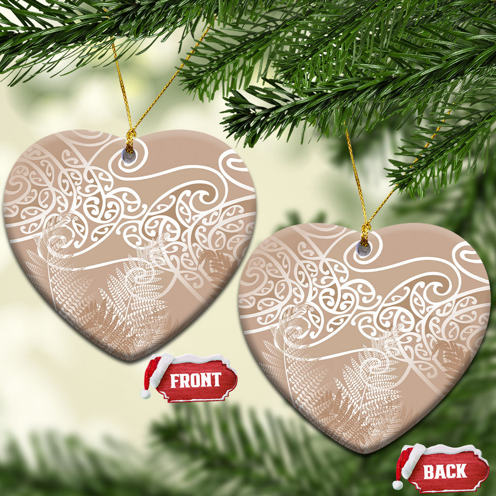 Aotearoa Maori Koru Curves Ceramic Ornament Silver Ferns - Mocha LT7 Heart Beige - Polynesian Pride