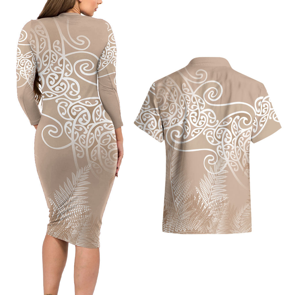 Aotearoa Maori Koru Curves Couples Matching Long Sleeve Bodycon Dress and Hawaiian Shirt Silver Ferns - Mocha
