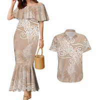 Aotearoa Maori Koru Curves Couples Matching Mermaid Dress and Hawaiian Shirt Silver Ferns - Mocha