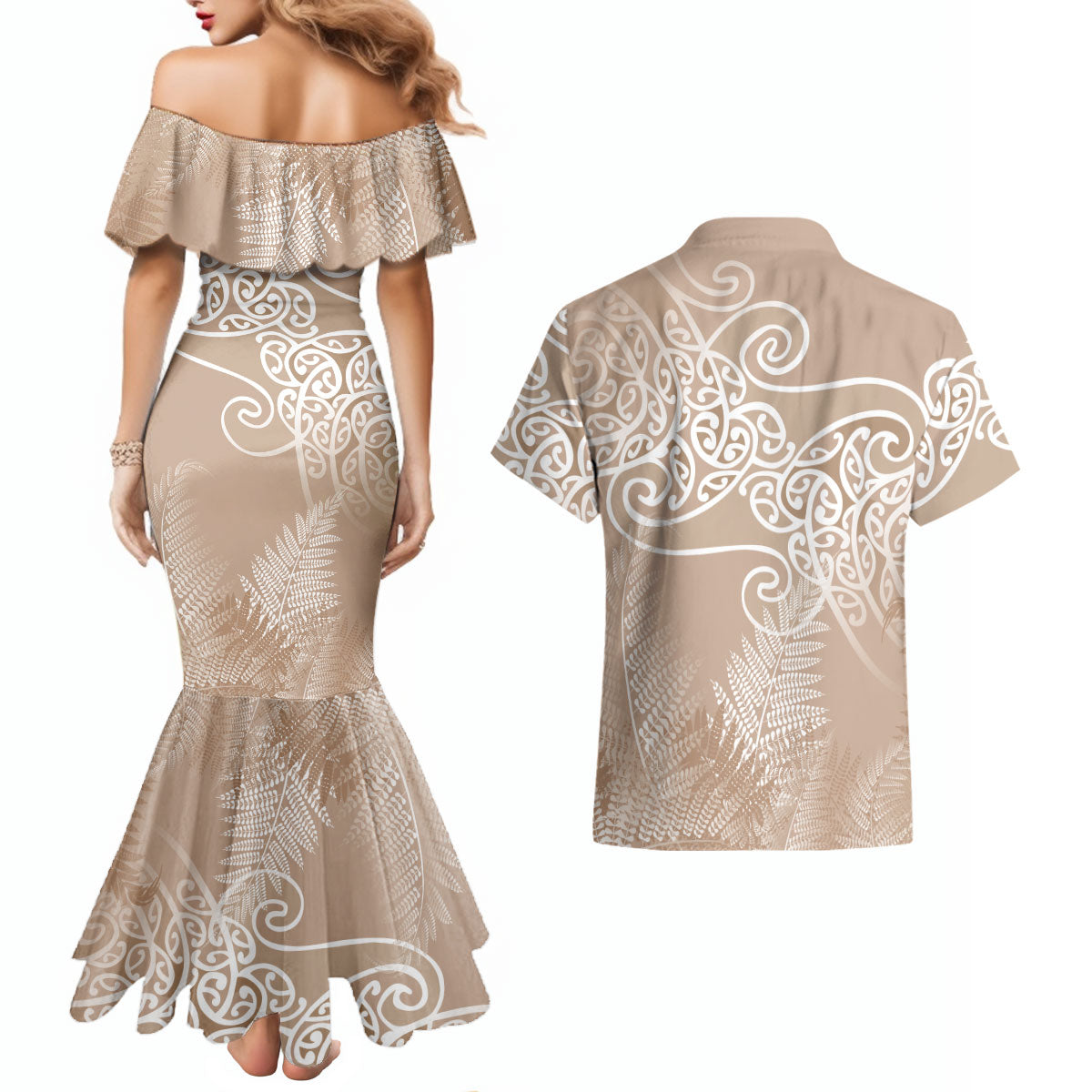 Aotearoa Maori Koru Curves Couples Matching Mermaid Dress and Hawaiian Shirt Silver Ferns - Mocha