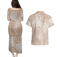 Aotearoa Maori Koru Curves Couples Matching Puletasi and Hawaiian Shirt Silver Ferns - Mocha