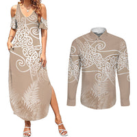 Aotearoa Maori Koru Curves Couples Matching Summer Maxi Dress and Long Sleeve Button Shirt Silver Ferns - Mocha