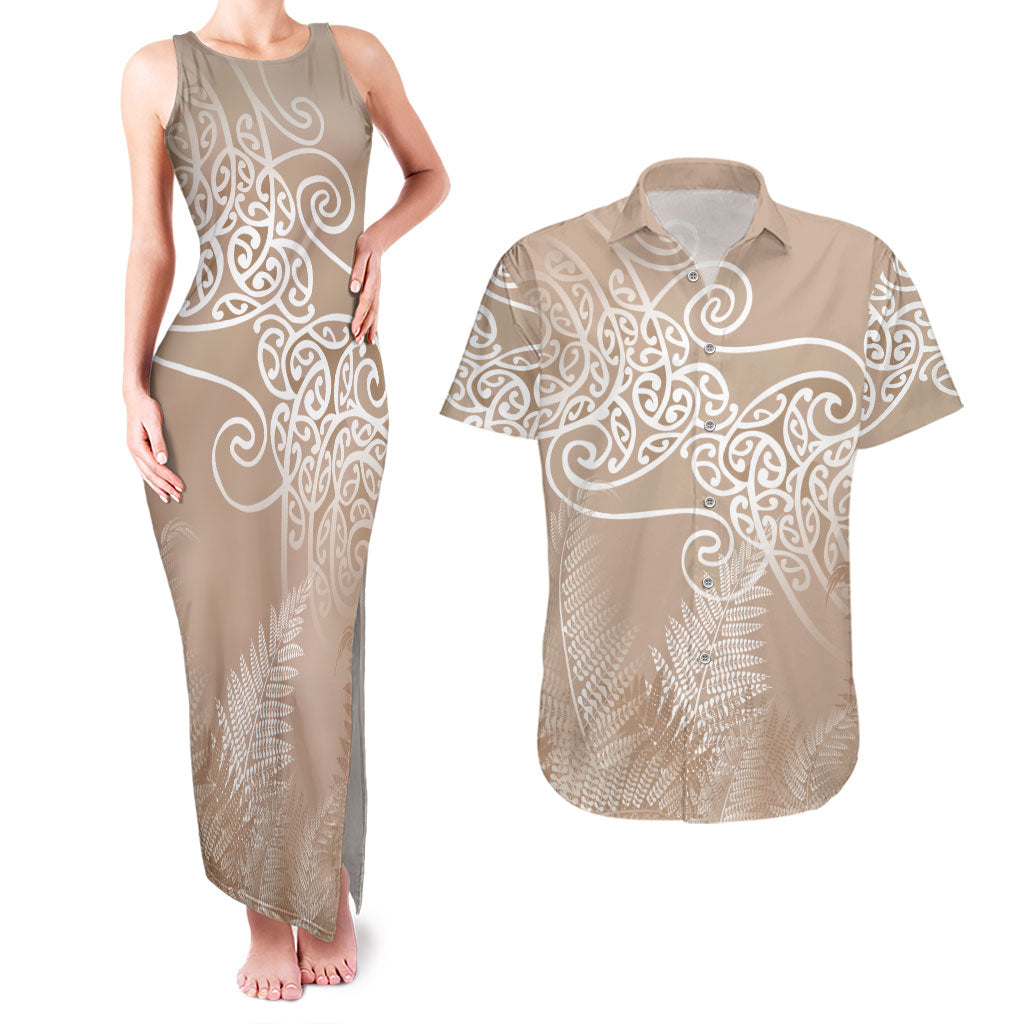 Aotearoa Maori Koru Curves Couples Matching Tank Maxi Dress and Hawaiian Shirt Silver Ferns - Mocha