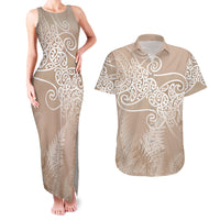Aotearoa Maori Koru Curves Couples Matching Tank Maxi Dress and Hawaiian Shirt Silver Ferns - Mocha