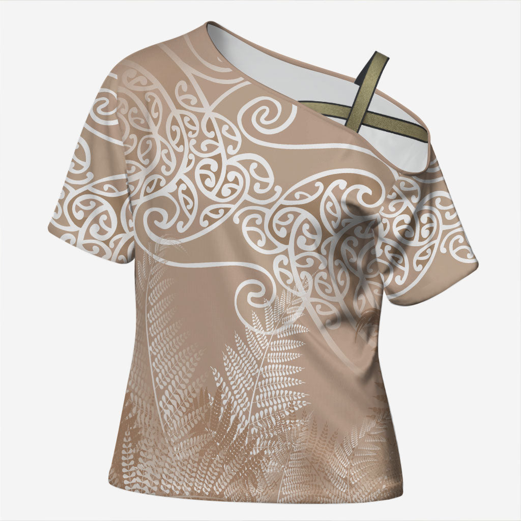 Aotearoa Maori Koru Curves Cross Shoulder Shirt Silver Ferns - Mocha