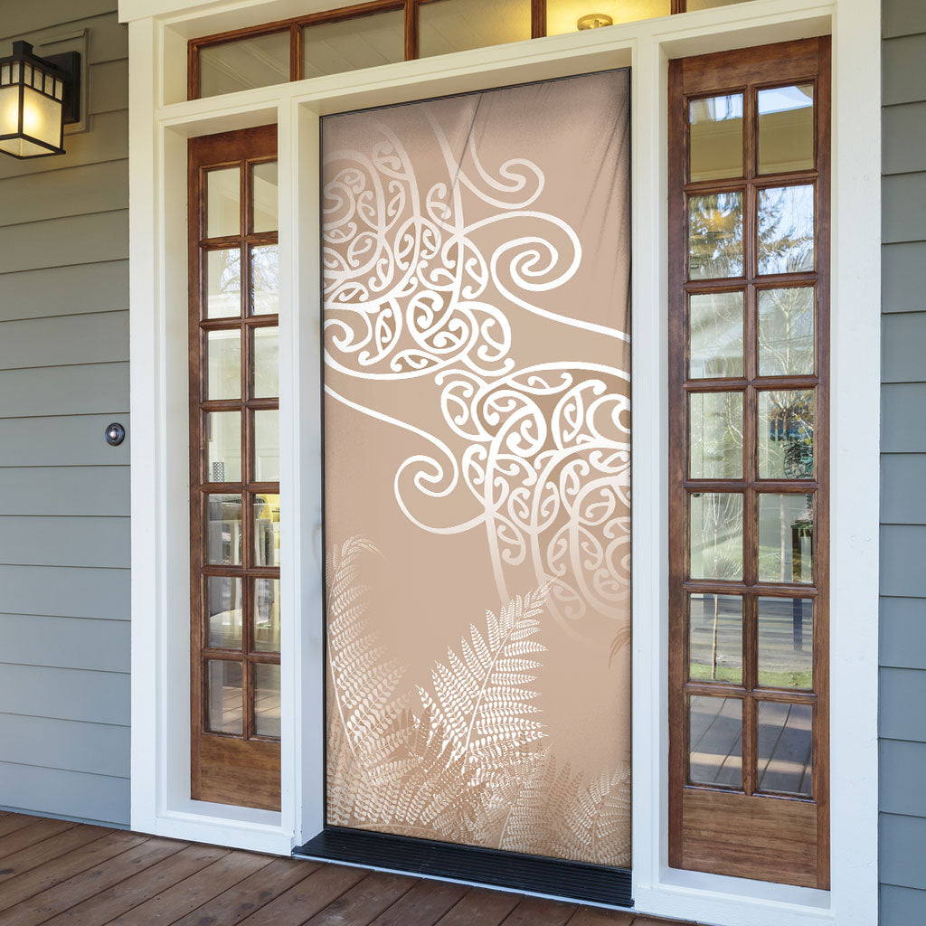 Aotearoa Maori Koru Curves Door Cover Silver Ferns - Mocha