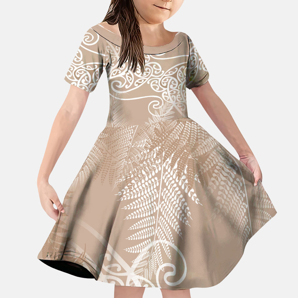Aotearoa Maori Koru Curves Family Matching Mermaid Dress and Hawaiian Shirt Silver Ferns - Mocha LT7 Daughter's Dress Beige - Polynesian Pride