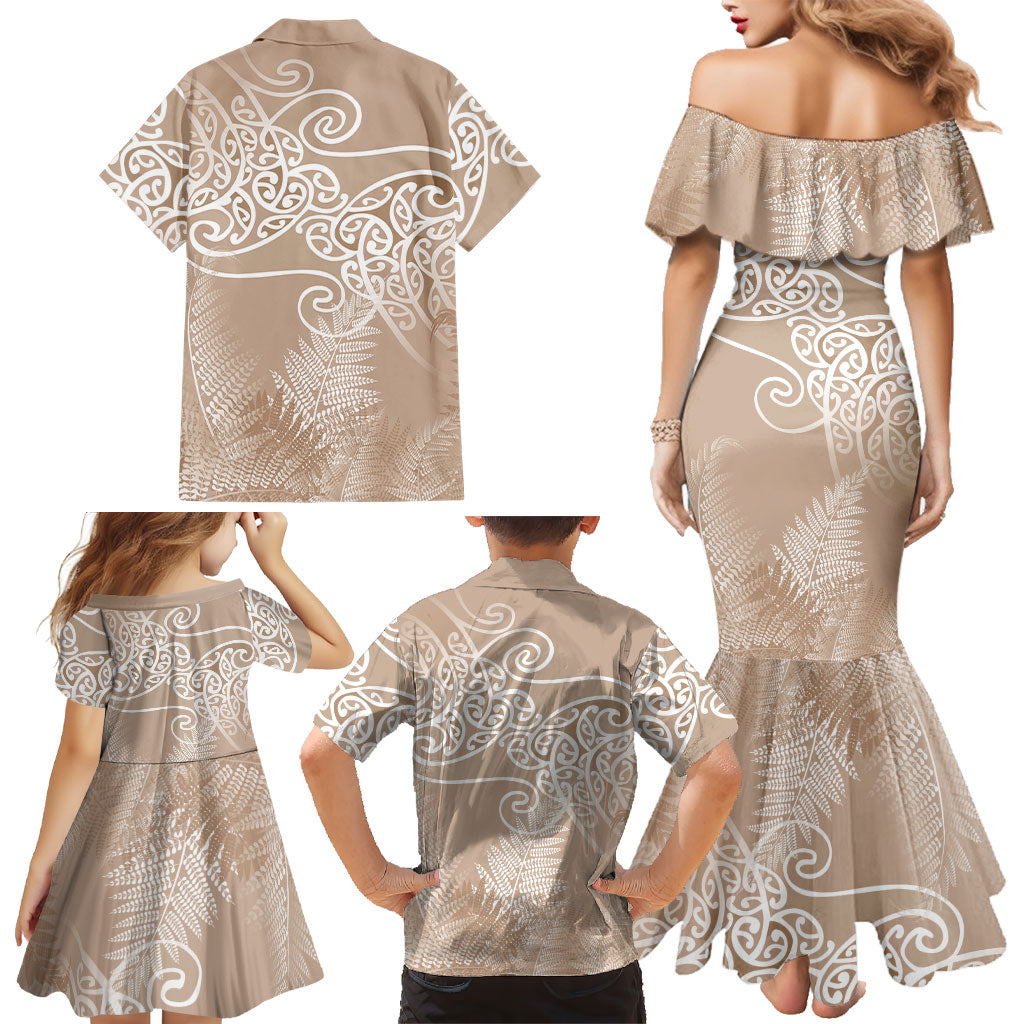 Aotearoa Maori Koru Curves Family Matching Mermaid Dress and Hawaiian Shirt Silver Ferns - Mocha LT7 - Polynesian Pride