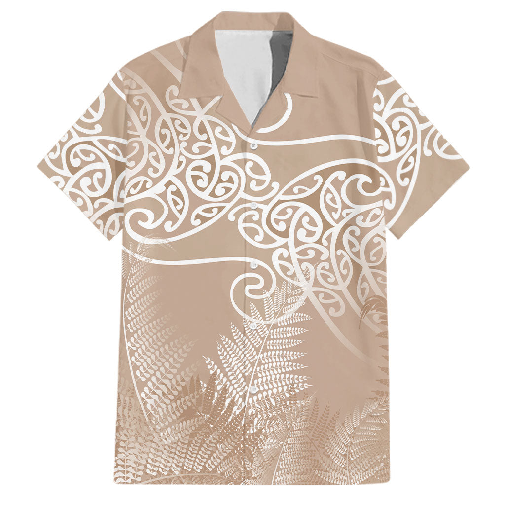 Aotearoa Maori Koru Curves Family Matching Mermaid Dress and Hawaiian Shirt Silver Ferns - Mocha LT7 Dad's Shirt - Short Sleeve Beige - Polynesian Pride