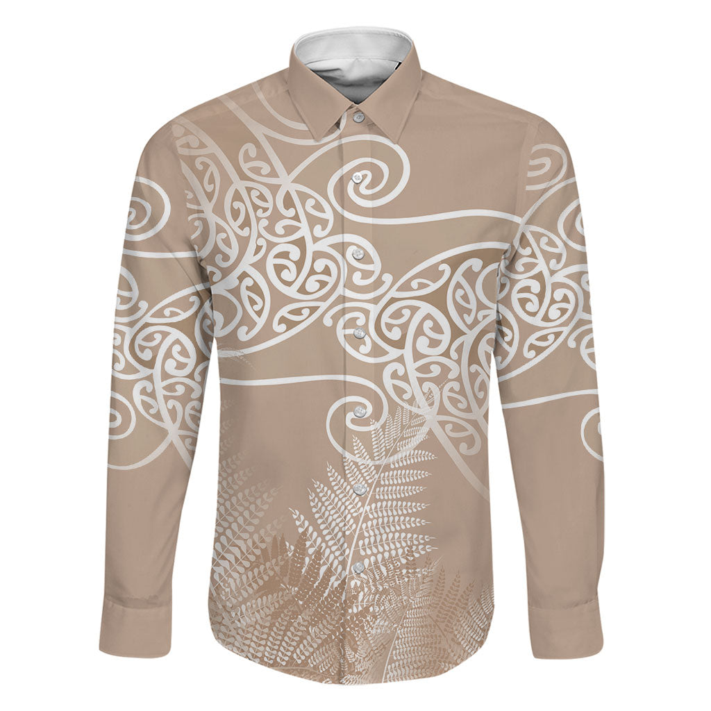 Aotearoa Maori Koru Curves Family Matching Mermaid Dress and Hawaiian Shirt Silver Ferns - Mocha LT7 Dad's Shirt - Long Sleeve Beige - Polynesian Pride