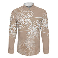 Aotearoa Maori Koru Curves Family Matching Mermaid Dress and Hawaiian Shirt Silver Ferns - Mocha LT7 Dad's Shirt - Long Sleeve Beige - Polynesian Pride