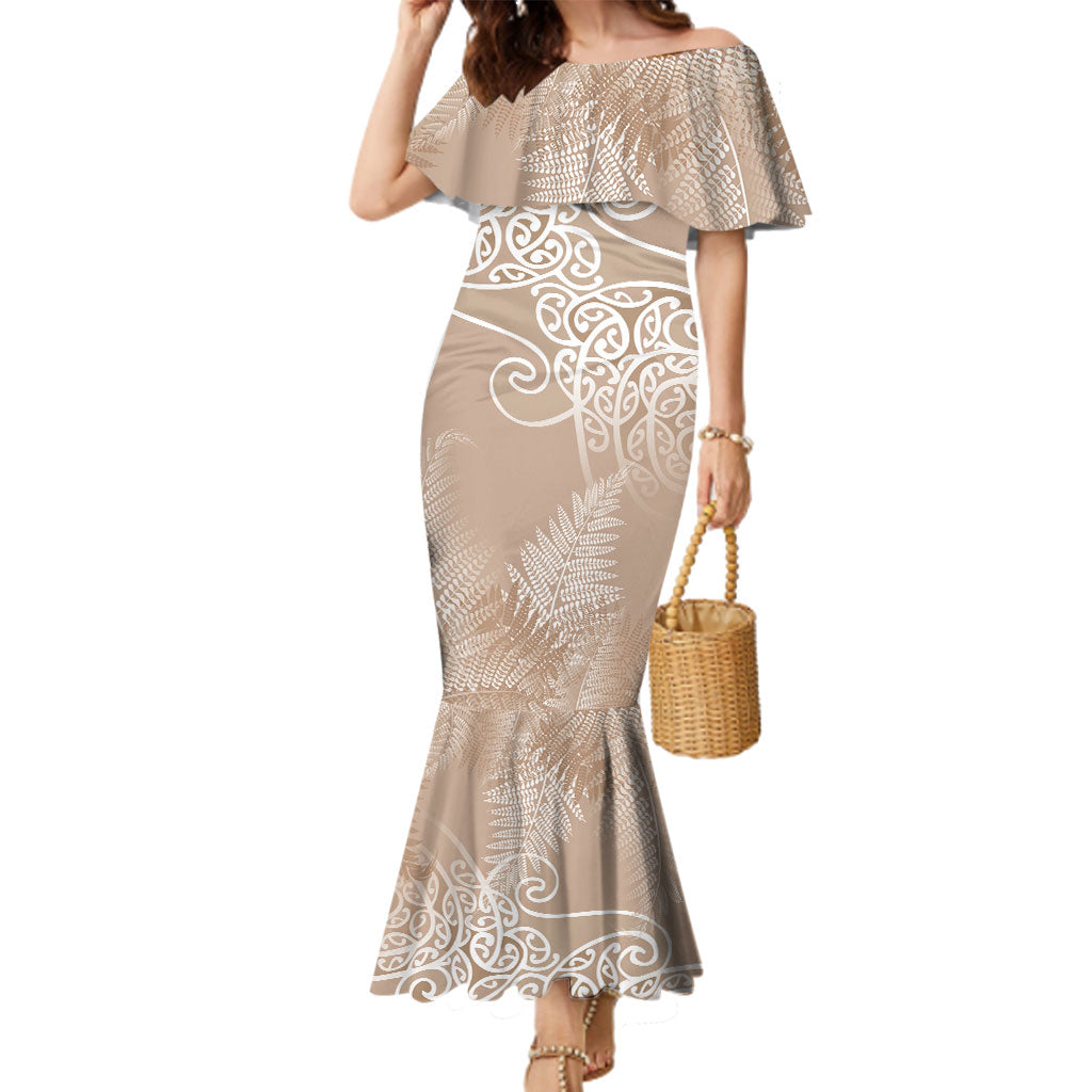 Aotearoa Maori Koru Curves Family Matching Mermaid Dress and Hawaiian Shirt Silver Ferns - Mocha LT7 Mom's Dress Beige - Polynesian Pride