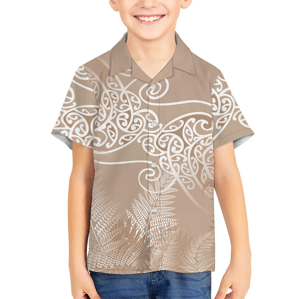 Aotearoa Maori Koru Curves Family Matching Mermaid Dress and Hawaiian Shirt Silver Ferns - Mocha LT7 Son's Shirt Beige - Polynesian Pride