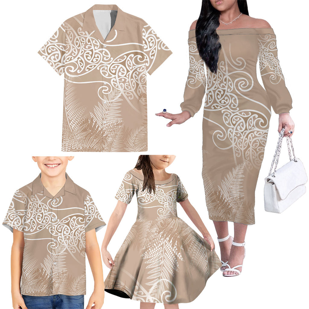 Aotearoa Maori Koru Curves Family Matching Off The Shoulder Long Sleeve Dress and Hawaiian Shirt Silver Ferns - Mocha