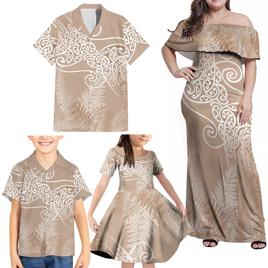 Aotearoa Maori Koru Curves Family Matching Off Shoulder Maxi Dress and Hawaiian Shirt Silver Ferns - Mocha