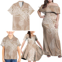 Aotearoa Maori Koru Curves Family Matching Off Shoulder Maxi Dress and Hawaiian Shirt Silver Ferns - Mocha