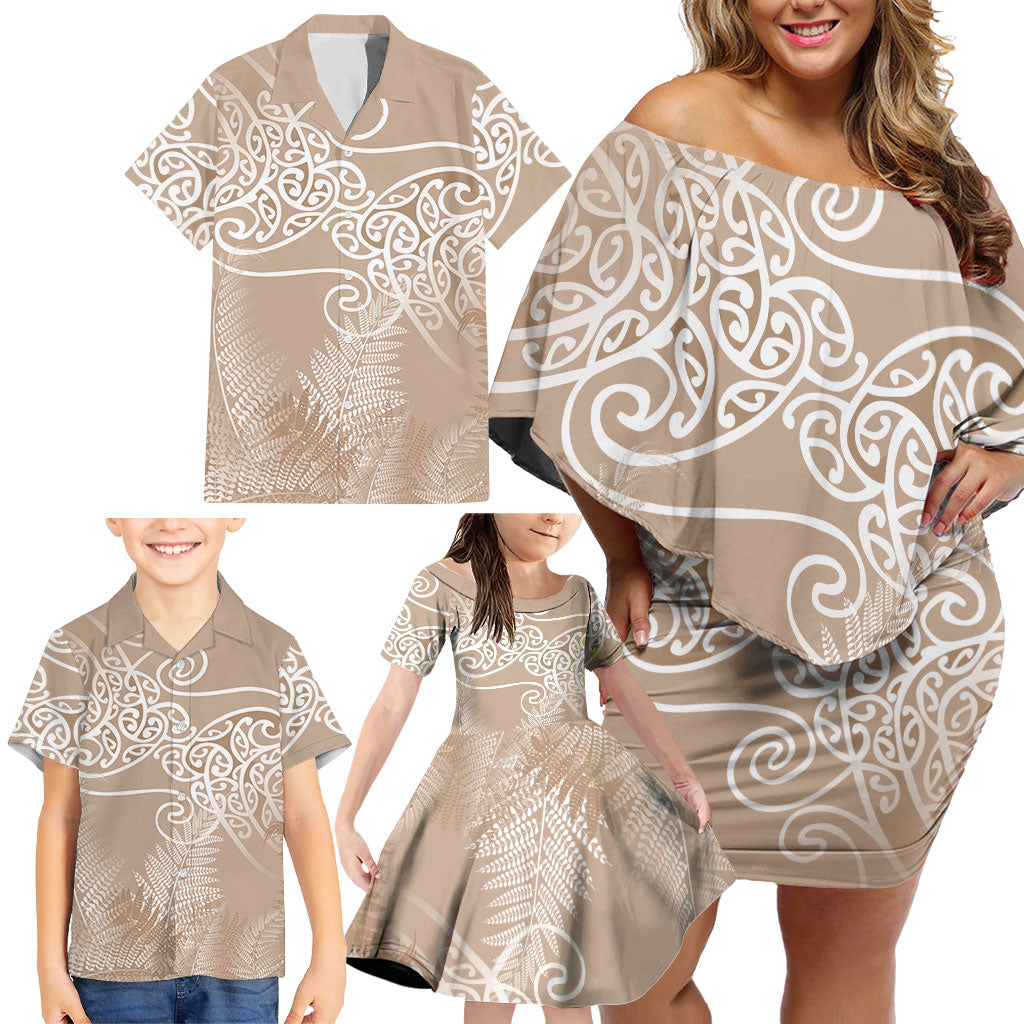 Aotearoa Maori Koru Curves Family Matching Off Shoulder Short Dress and Hawaiian Shirt Silver Ferns - Mocha
