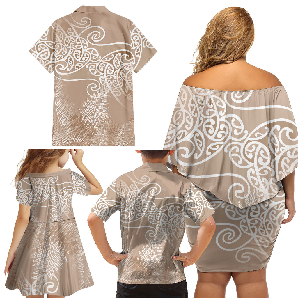 Aotearoa Maori Koru Curves Family Matching Off Shoulder Short Dress and Hawaiian Shirt Silver Ferns - Mocha
