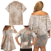 Aotearoa Maori Koru Curves Family Matching Off Shoulder Short Dress and Hawaiian Shirt Silver Ferns - Mocha