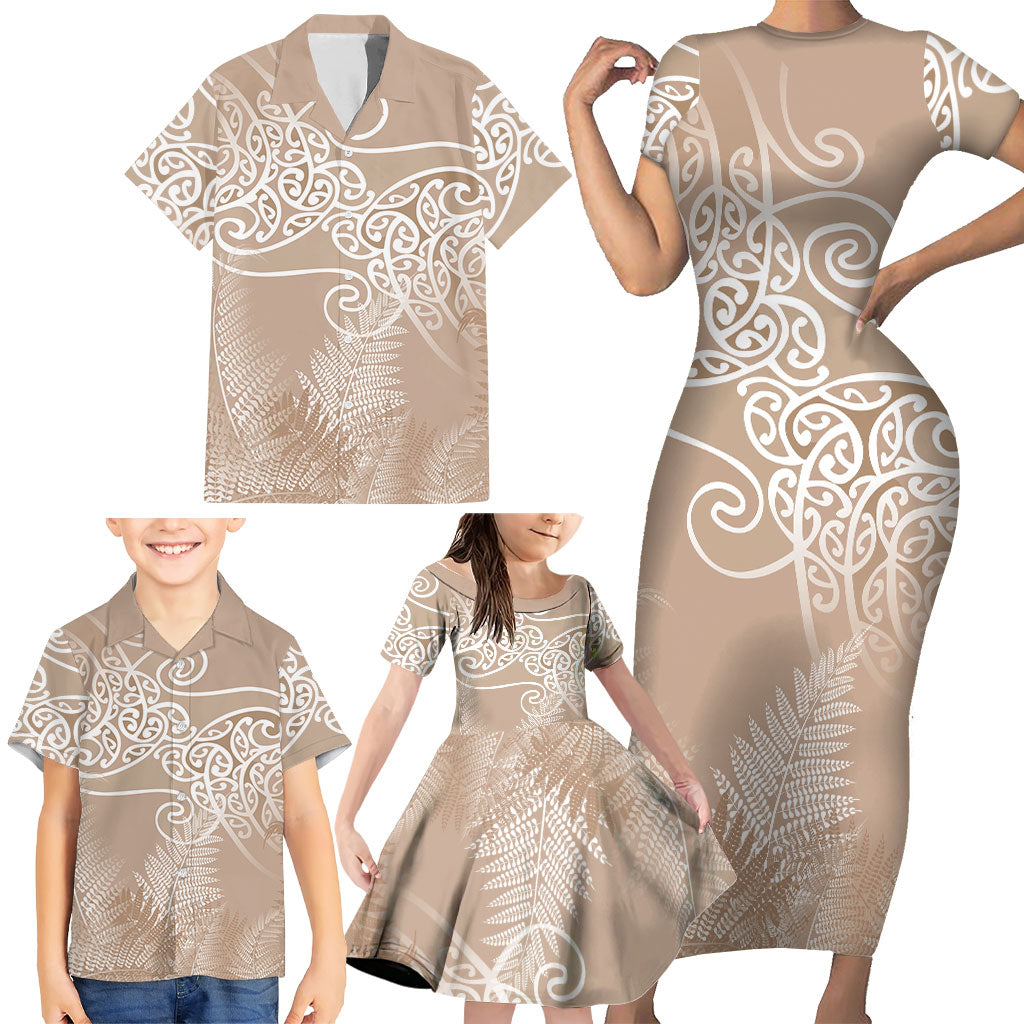 Aotearoa Maori Koru Curves Family Matching Short Sleeve Bodycon Dress and Hawaiian Shirt Silver Ferns - Mocha
