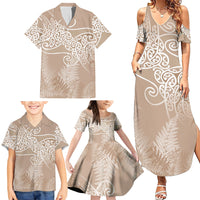 Aotearoa Maori Koru Curves Family Matching Summer Maxi Dress and Hawaiian Shirt Silver Ferns - Mocha